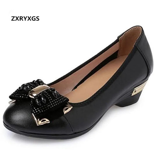 Stylish HOT 2025 New Spring Rhinestone Bow Women Fashion Shoes by ZXRYXGS, featuring comfortable genuine leather and mid heels.