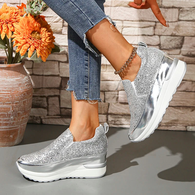 Silver Sequins Wedge Sneakers For Women