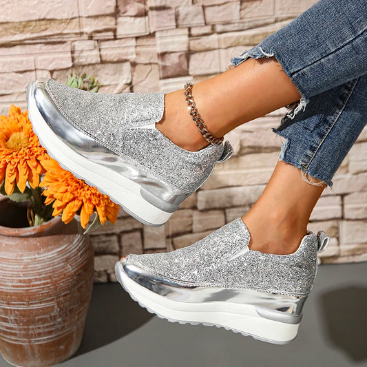 Silver Sequins Wedge Sneakers For Women