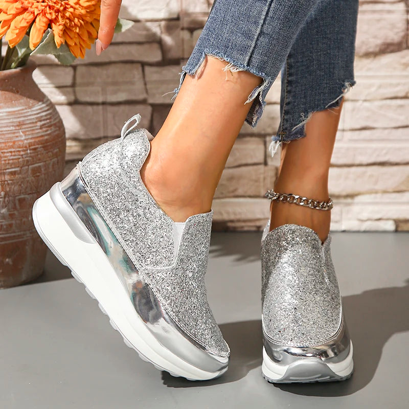 Silver Sequins Wedge Sneakers For Women