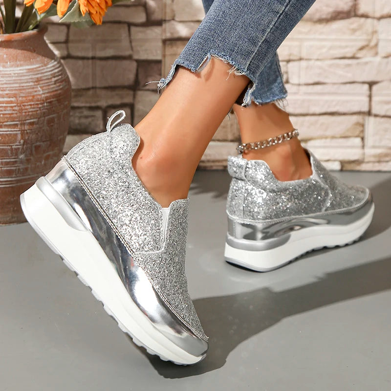 Silver Sequins Wedge Sneakers For Women