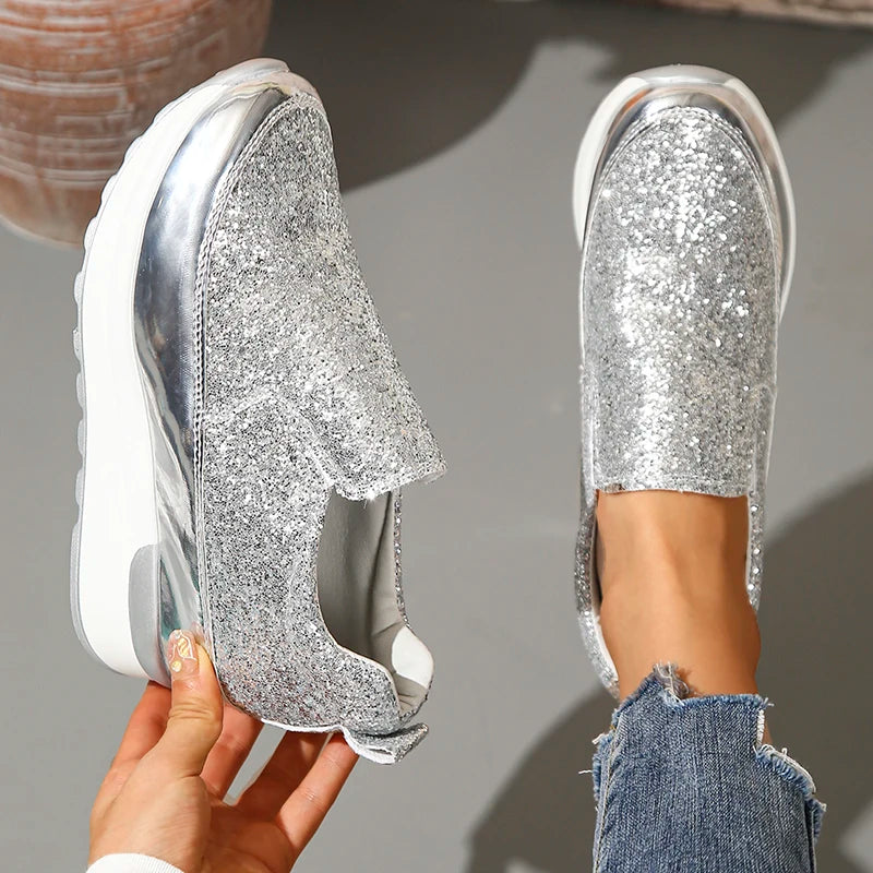 Silver Sequins Wedge Sneakers For Women