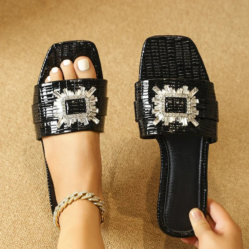 New Fashion Crystal Buckle Flat Heels Slippers