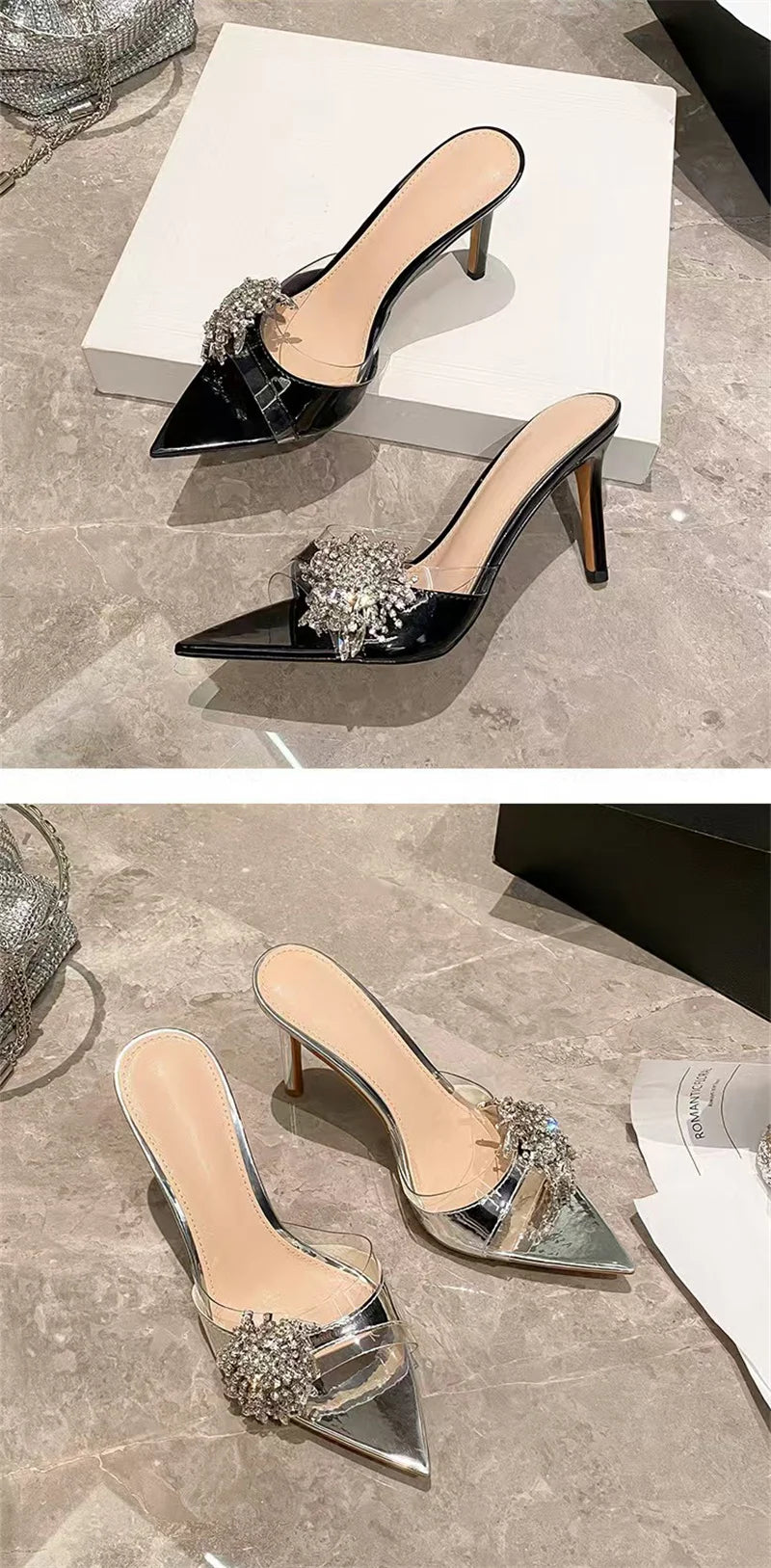 Transparent Pointed Toe Women Heel Slippers