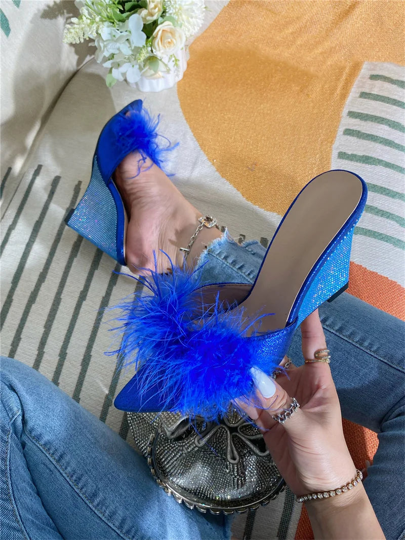 New Pointed Toe Fluffy Feather Fashion Slippers