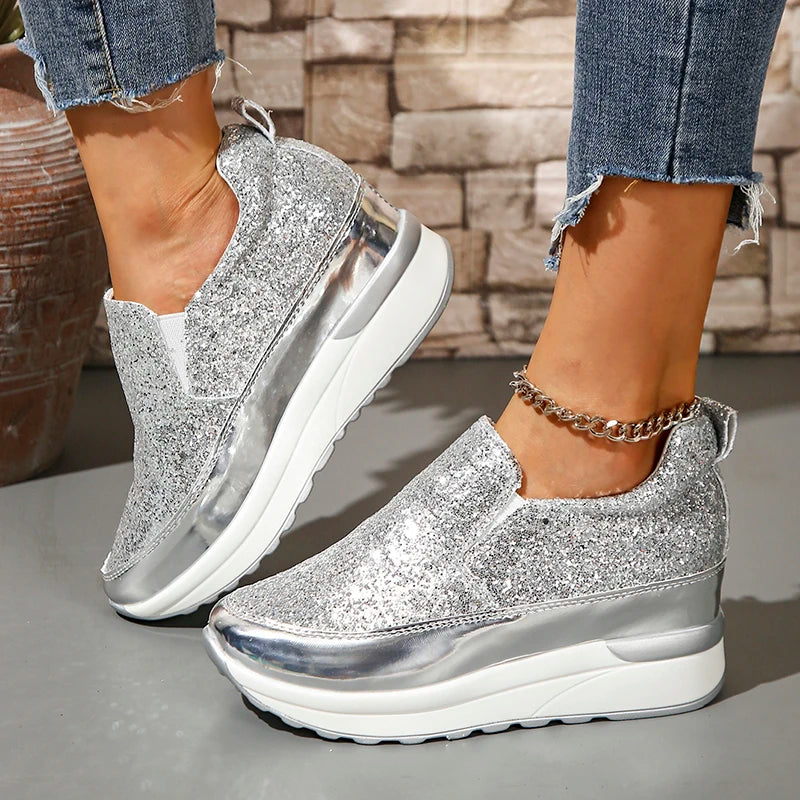 Silver Sequins Wedge Sneakers For Women