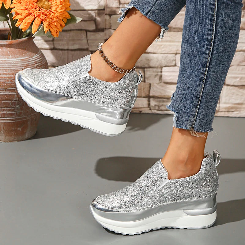 Silver Sequins Wedge Sneakers For Women