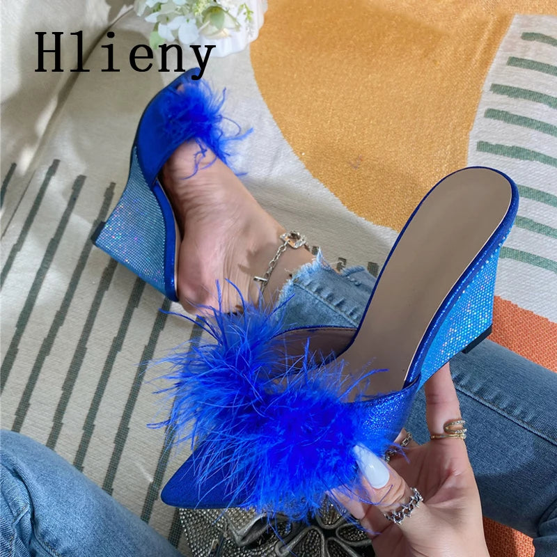 New Pointed Toe Fluffy Feather Fashion Slippers